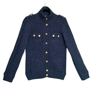 J McLaughlin Womens Military Cardigan M Wool Angora Gold Button Navy Preppy Knit